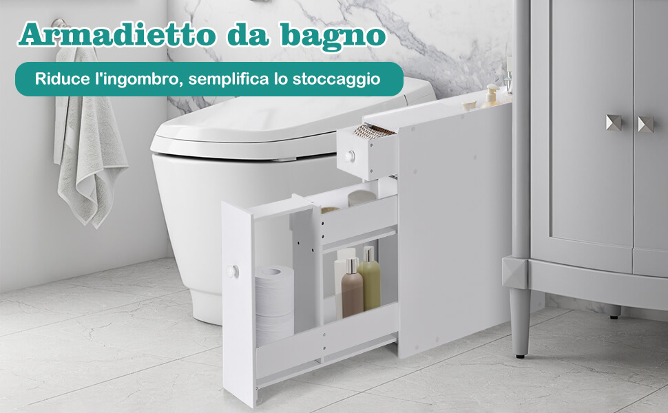 Armadietto Da Bagno In Legno Con Anta | Mobile Contenitore Stretto, 40x30x70 Cm, Con Ripiani Regolabili, Per Bagno E Soggiorno