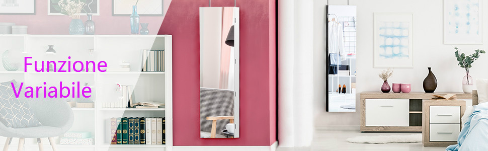 Armadio portagioie con specchio in legno a parete con LED interno  33,5x10x120cm Bianco - Costway