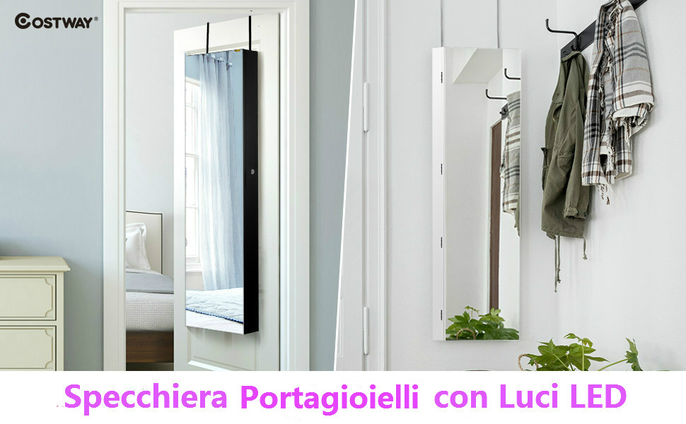 Armadio portagioie con specchio in legno a parete con LED interno  33,5x10x120cm Bianco - Costway