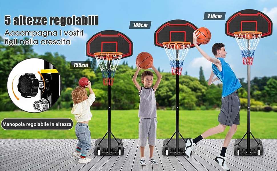 COSTWAY Canestro da Basket per Bambini Portatile e Regolabile in Altezza  90-210cm, Canestro Basket da