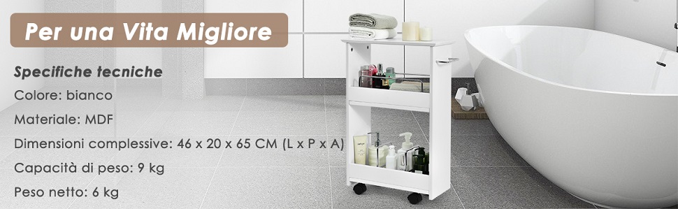 Carrello Organizer 3 Ripiani Scaffale con Ruote Cucina Bagno Ufficio