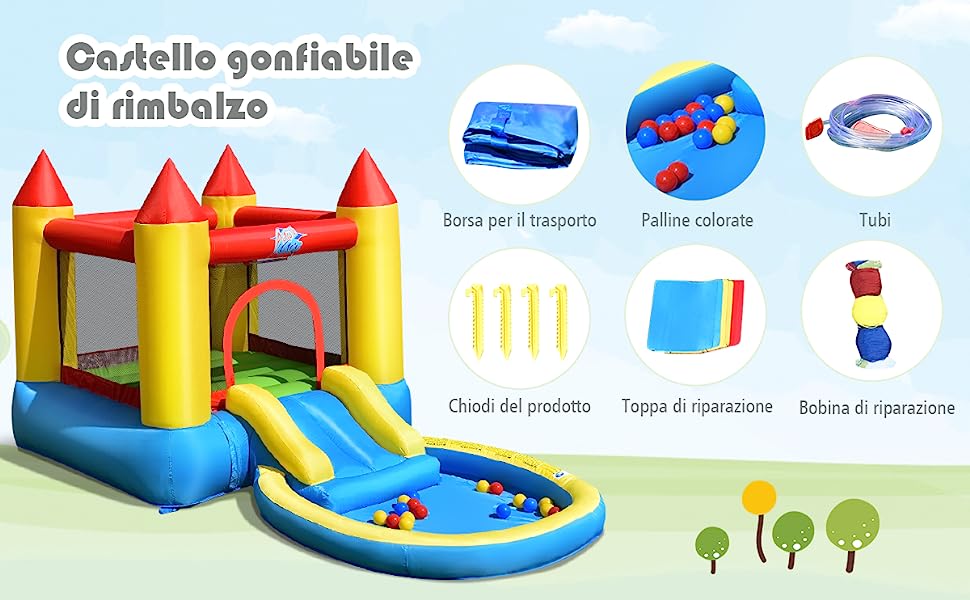 Castello gonfiabile gioco per bambini con scivolo e accessori giochi da  esterno e giardino 380x305x215cm - Costway