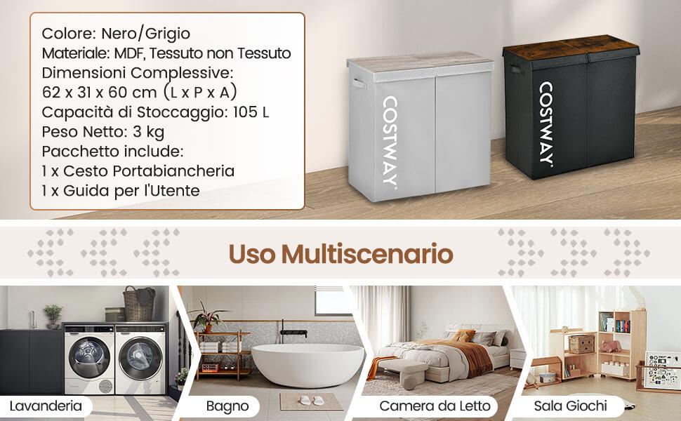 Cesto Portabiancheria Alto Da 60 L, Con Sacchetto Interno Rimovibile E Lavabile  S1 389513378188