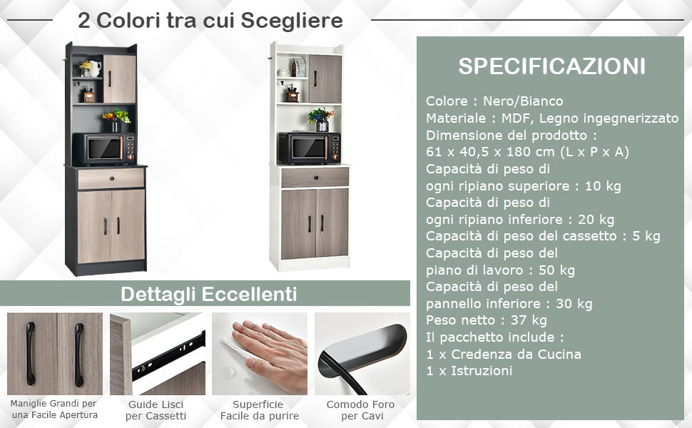 HOMN LIVING Mobile da Cucina Africa per microonde 4 Ripiani, Colore  Rovere/Nero, 60 cm (Larghezza) 40 cm (profondità) 123 cm (Altezza) :  : Casa e cucina