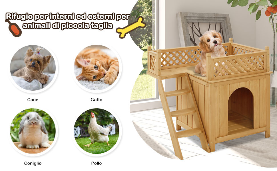 Casetta di legno per cani con balcone rialzato, Casa per cani con
