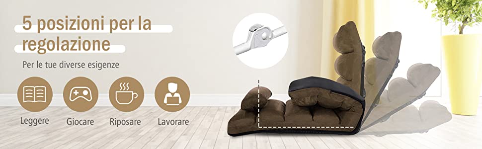Sedia Da Pavimento Girevole FANTASK A 360° - Divano Pieghevole Con Schienale Regolabile In 5 Posizioni, Struttura In Metallo Portata 136 Kg, Morbida Imbottitura, Per Leggere, TV, Relax, Colore Marrone - 3