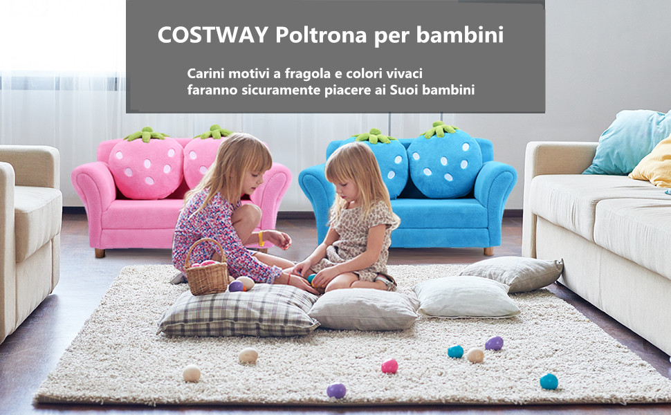 Divano per bambini con cuscini Poltrona per bimbi morbido a forma di  fragola 90x55x48cm Rosa - Costway