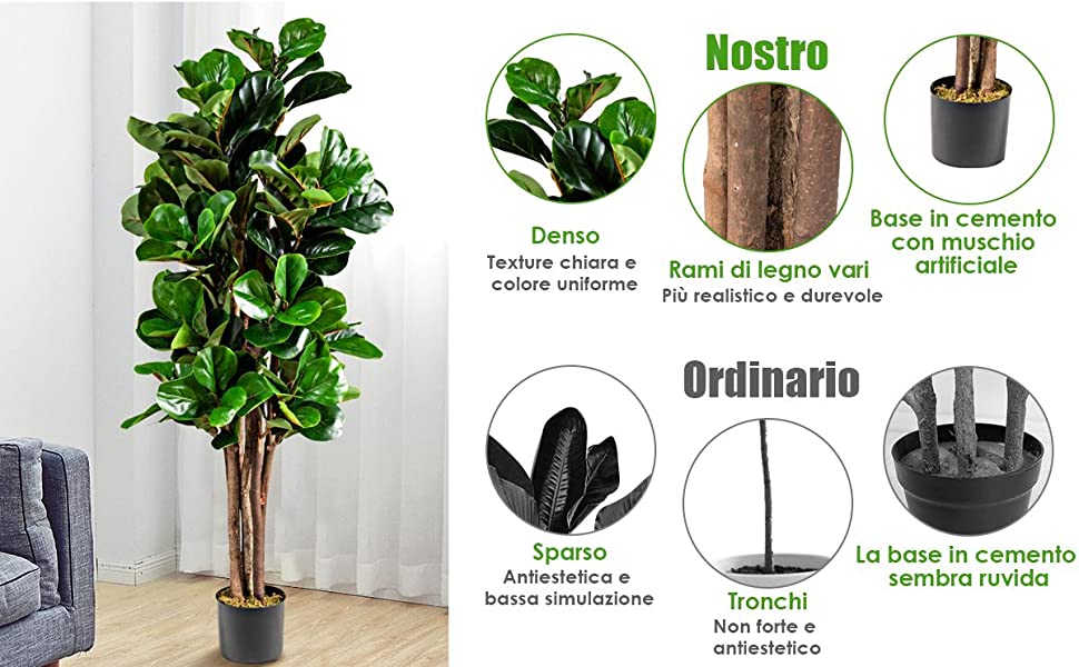 Albero Di Ficus Artificiale 1,5m Con Vaso, Pianta Finta In Poliestere E PU, Decorazione Per Casa, Ufficio E Portico, Senza Manutenzione, Verde - 2
