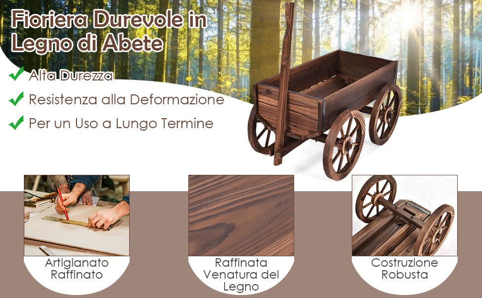 Vaso Da Fiori In Legno Con 4 Ruote, Fioriera A Forma Di Carro Con Maniglia E Foro Di Drenaggio