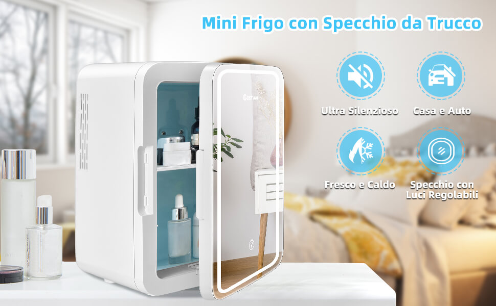 Mini frigo portatile 10 L AC/DC con specchio LED, Frigorifero compatto  termostatico per auto e casa Bianco - Costway