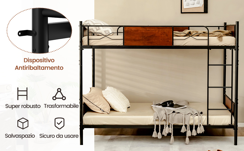Letto a castello con scala e ringhiera di sicurezza, trasformabile in 2 letti separati, letto in legno per bambini, ragazzi e adulti, 90 (140) x 200 cm (grigio