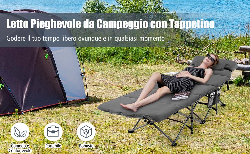 Lettino da campeggio pieghevole da viaggio, Lettino con borsa da trasporto  materasso e cuscino rimovibili Grigio - Costway