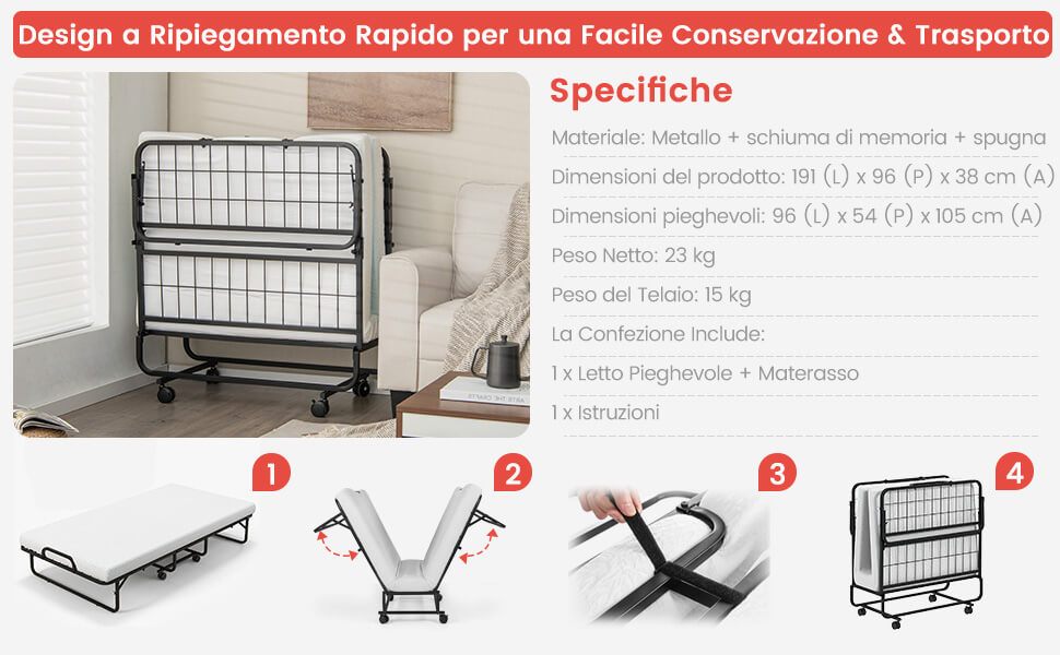 COSTWAY Brandina Pieghevole con Materasso, in Memory Foam, Struttura Resistente e 4 Ruote