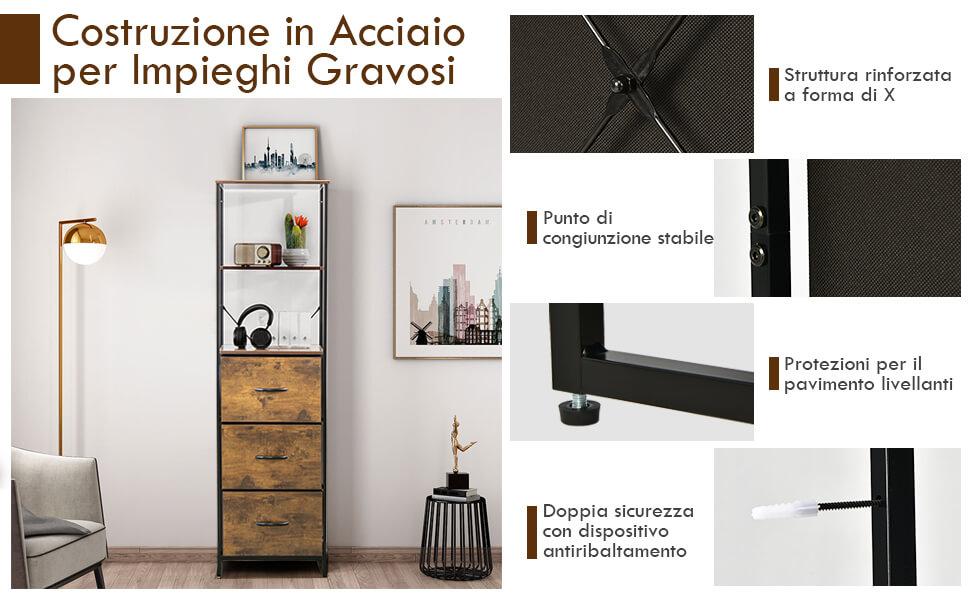 COSTWAY Scaffale a 5 Livelli, Libreria in Acciaio al Carbonio con 9 Cubi, Kit Anti-ribaltamento e Piedini Regolabili, Ideale per Ufficio, Soggiorno e Camera da Letto, Marrone Rustico