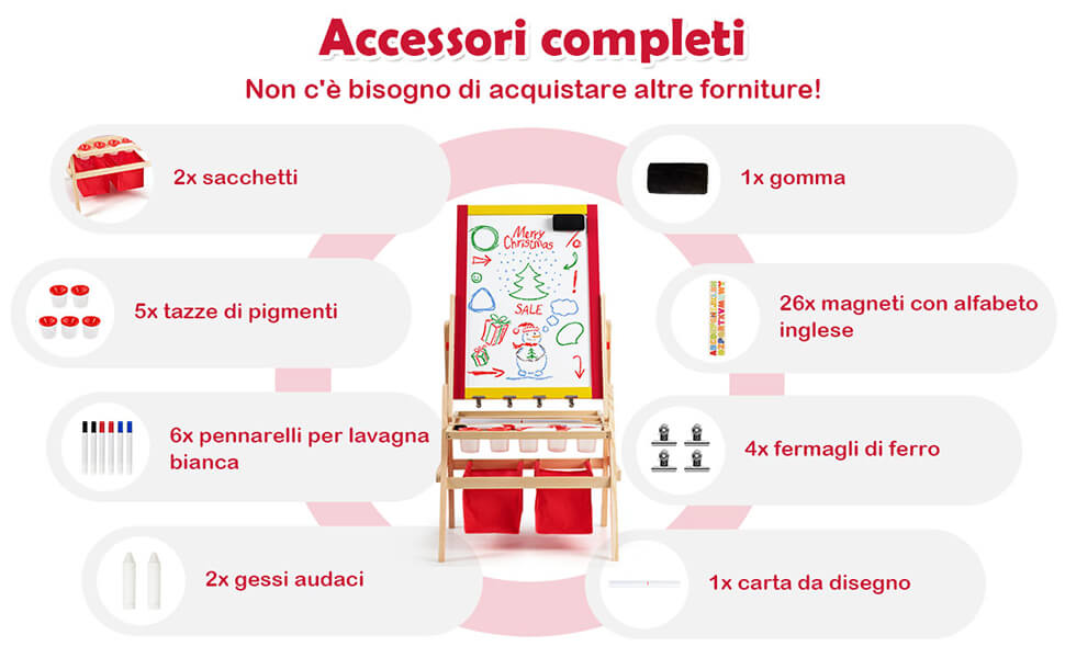 Cavalletto Per Bambini 3 In 1 In Legno Di Pino – Lavagna Magnetica E Lavagna Bianca – Altezza Regolabile – Completo Di 41 Accessori Da Disegno - 4