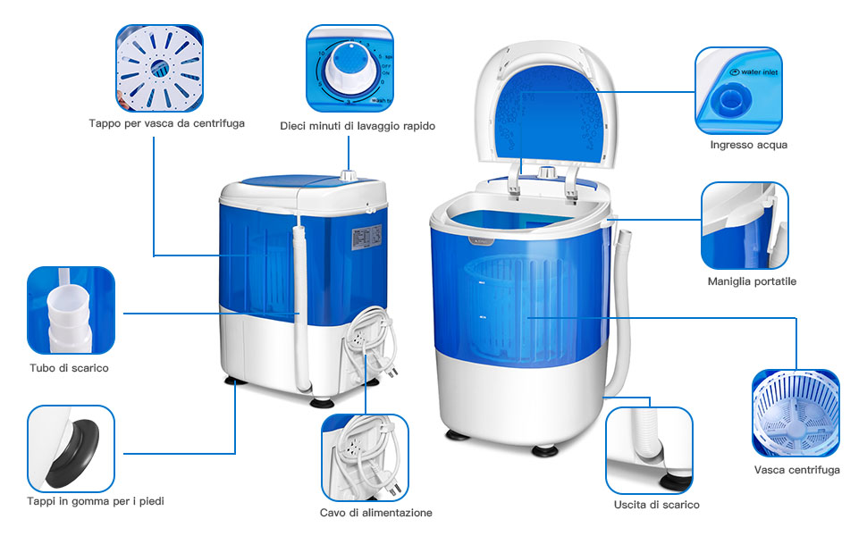Mini lavatrice con centrifuga, Lavatrice compatta durevole e a risparmio  energetico, Blu - Costway