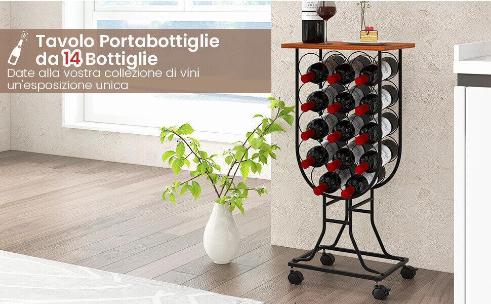 Portabottiglie per vino con ruote staccabili e bloccabili, Mobile porta vino  con struttura in metallo Nero - Costway