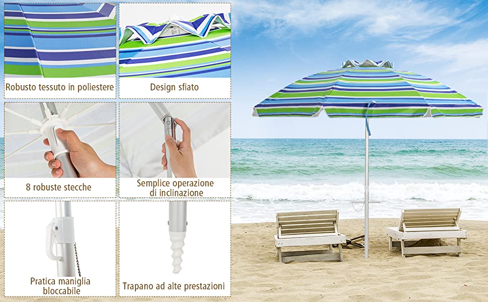 Ombrellone 2,2m da spiaggia con protezione solare UPF50+ inclinato, Ombrellone  portatile da esterno Blu - Costway