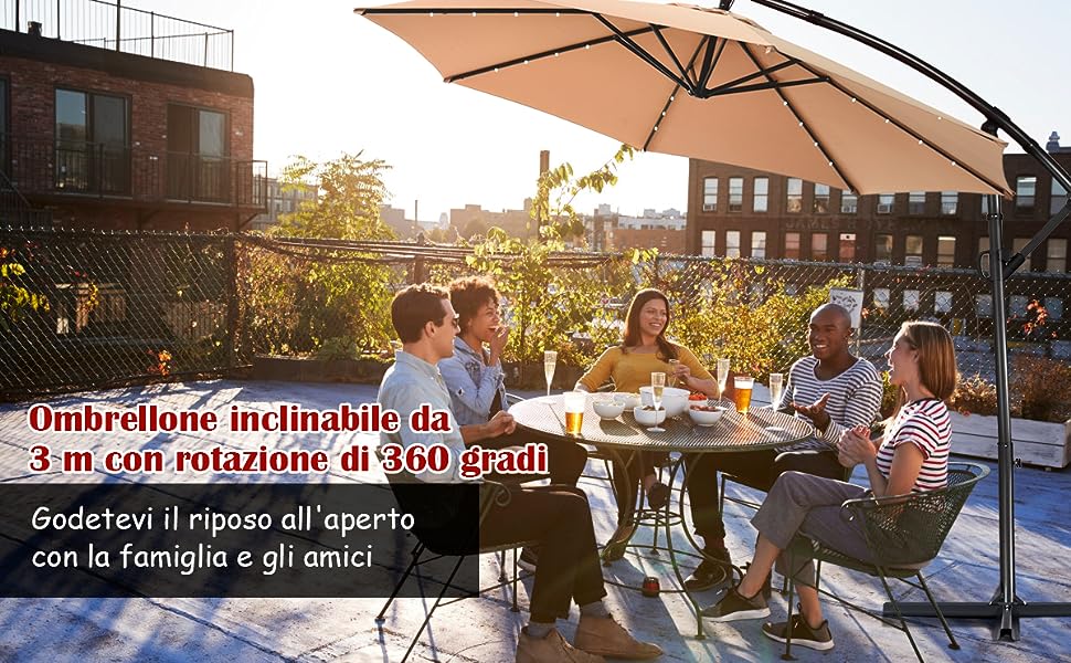 RELAX4LIFE Ombrellone da Giardino 3 x 3 M Rotondo, Ombrellone da Esterno con Tela Impermeabile e Anti-Sole, Struttura in Legno, Altezza e Inclinazione Regolabile (Grigio