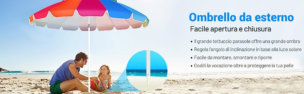 Ombrellone 2,43m da spiaggia con protezione solare UPF50+ inclinato, Ombrellone  portatile da esterno Azzurro - Costway