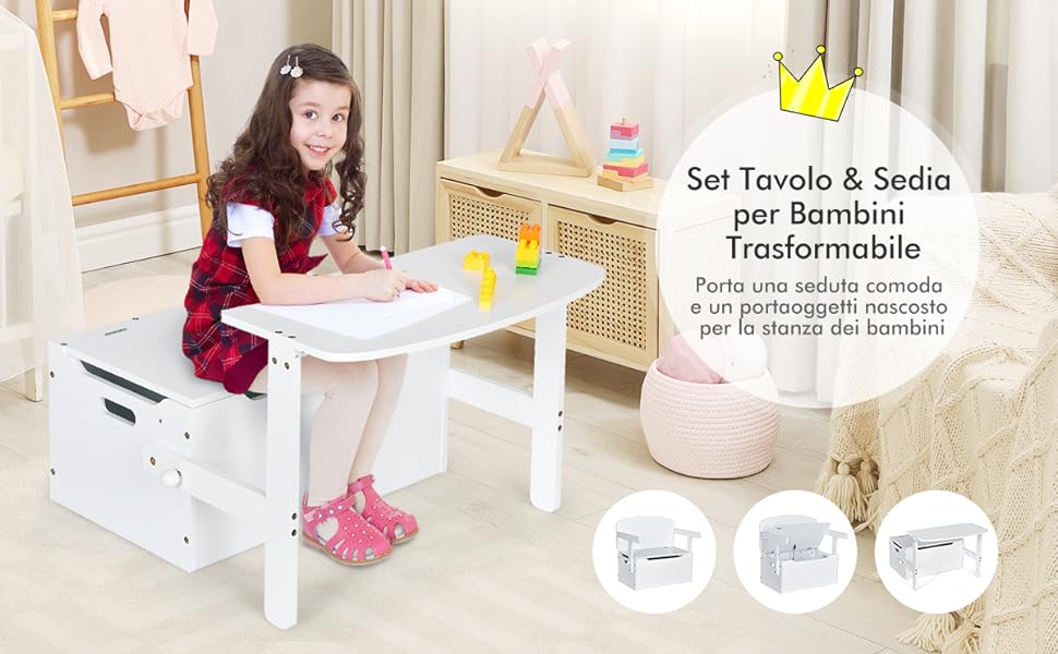 Set 3 in 1 tavolo e sedia per bambini con scatola per giocattoli
