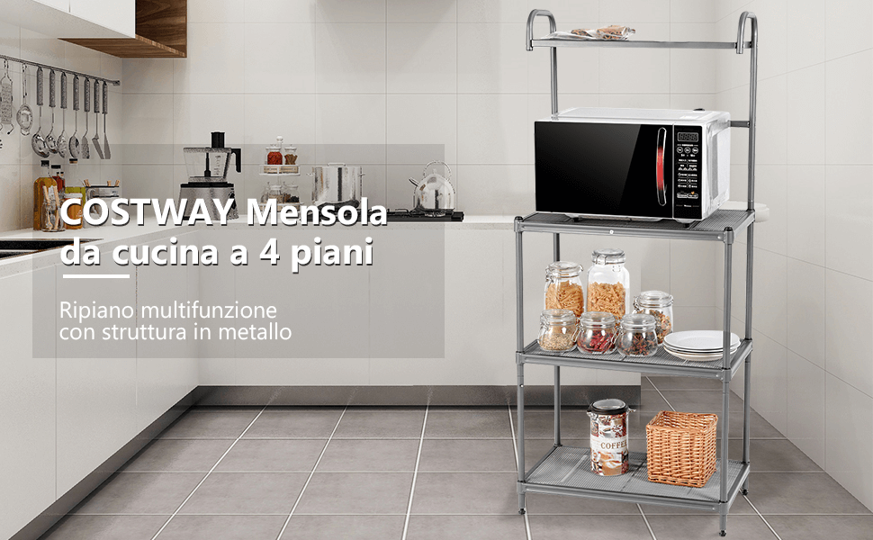 Carrello da cucina per microonde con 4 livelli struttura in metallo mensole  a rete, Carrello multiuso Bianco - Costway