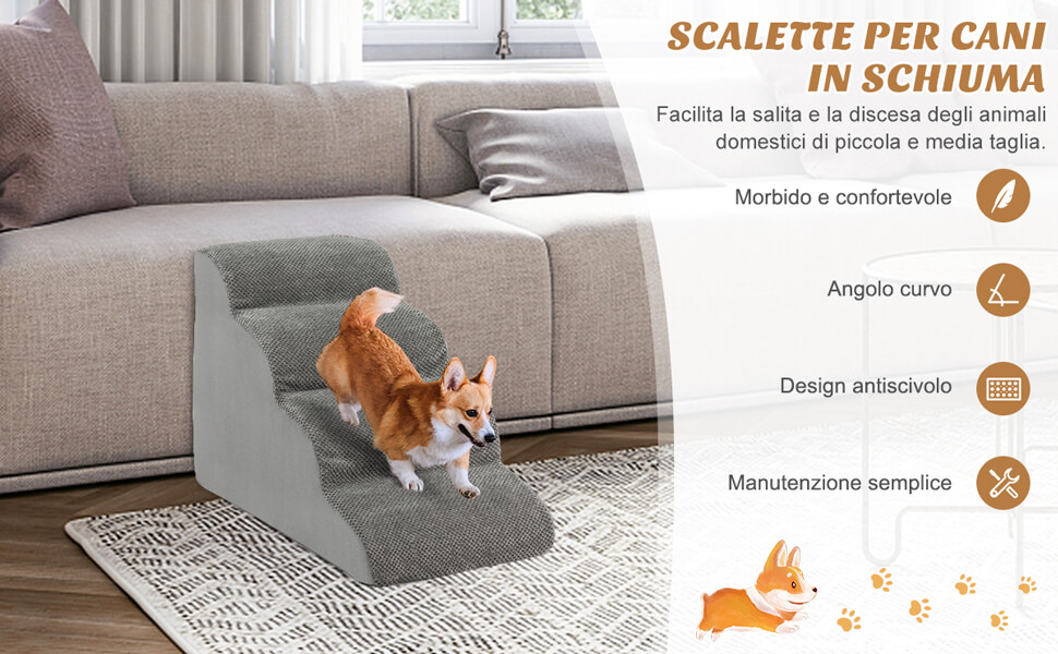 Rampa per cani a 3 livelli per divano letto alto, Gradini antiscivolo in  spugna per animali domestici Caffè - Costway