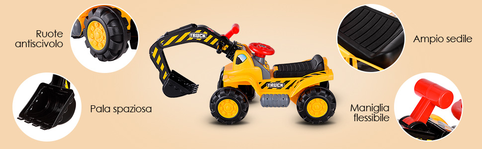 Ruspa giocattolo cavalcabile per bambini 3-5 anni Giocattolo veicolo con  casco giallo e 3 pezzi di giocattoli da spiaggia - Costway