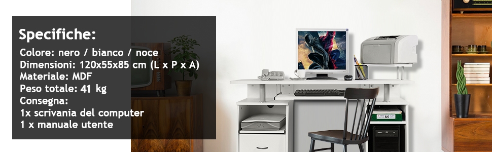 Scrivania Lufeiya Bianca Con LED E Presa Multipla - 119 Cm Con Cassetti In Tessuto E Supporto Per Monitor - Scrivania Da Gaming E Ufficio
