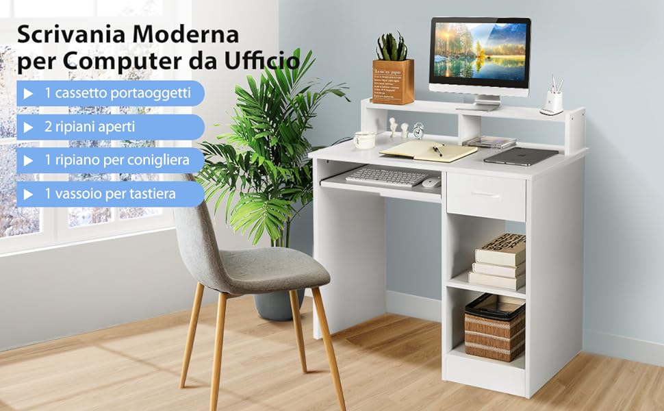 Scrivania per computer per casa e ufficio, Tavolo con cassetti mensole e  vassoio per tastiera Bianco - Costway