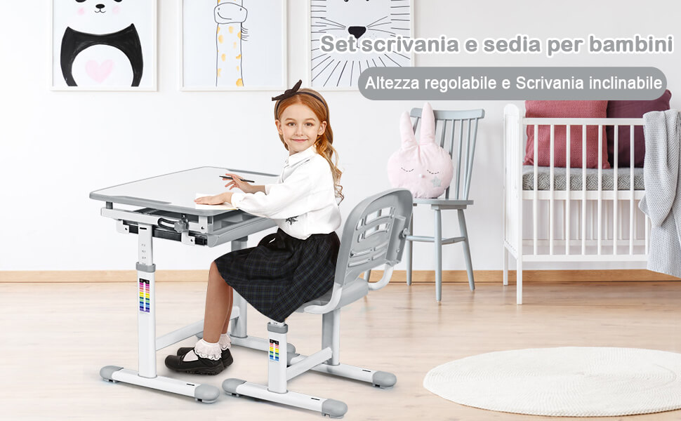 Scrivania per bambini regolabile in altezza Set tavolo e sedie bimbi da  disegno inclinabile Grigio - Costway