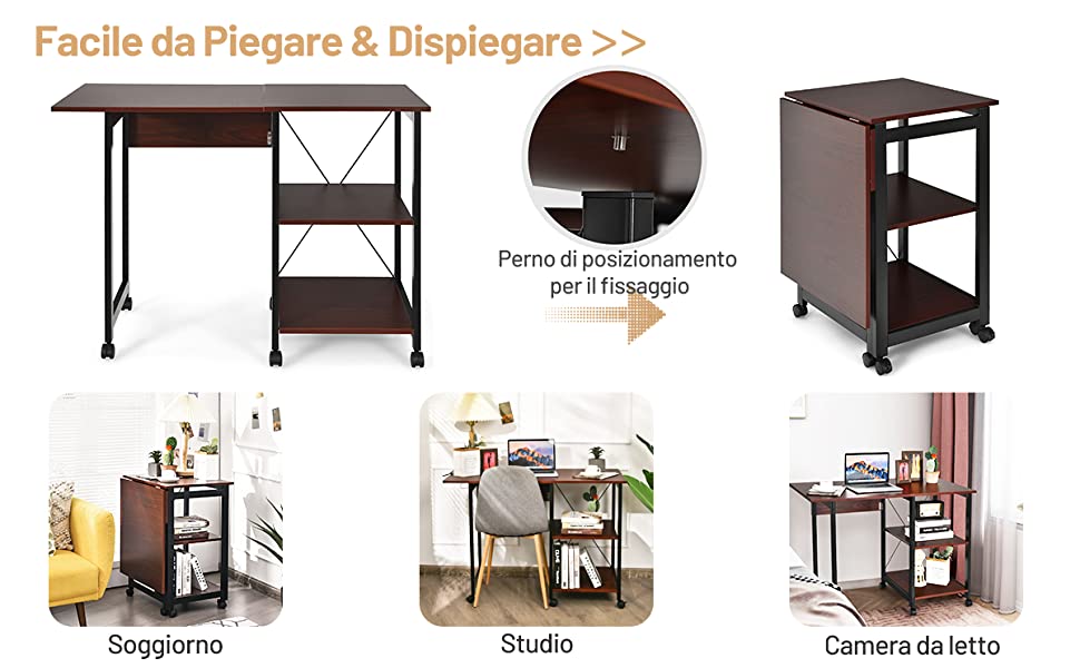 Scrivania pieghevole compatta con ruote, tavolo computer pratico con ripiano e organizer, mobile salvaspazio per home office | Leroy Merlin