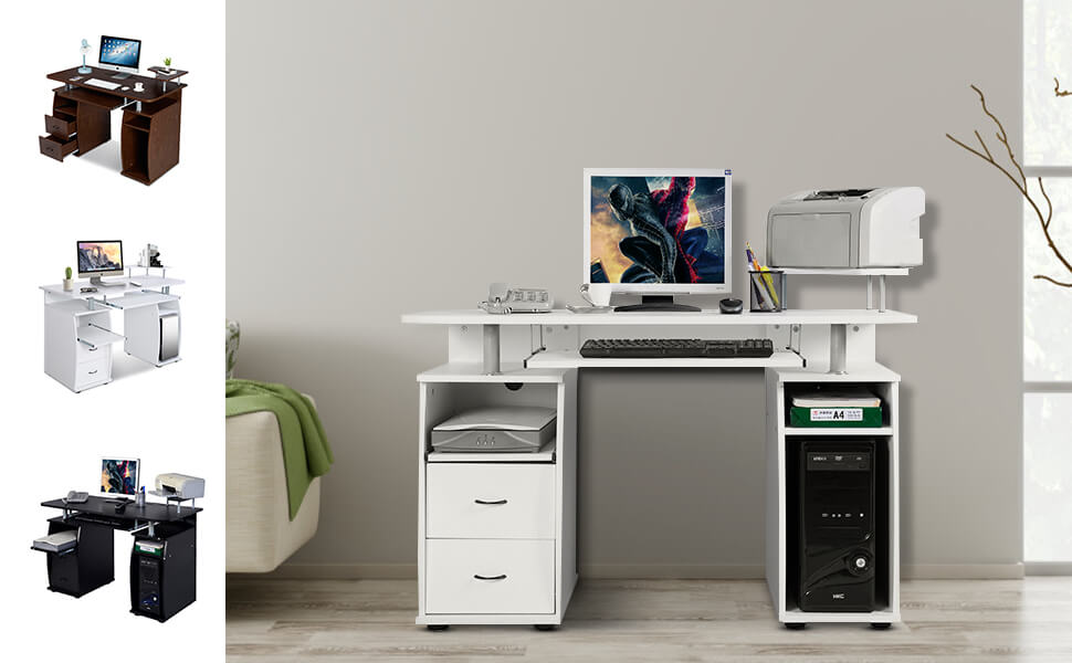 Scrivania per computer da ufficio con cassetti Tavolo porta pc in legno con  supporto per tastiera 120x55x85cm Bianco - Costway