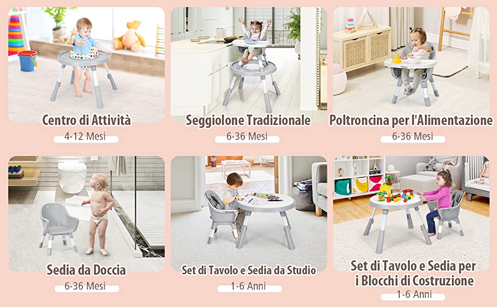 JIAMAIN - Seggiolone pieghevole per bambini, con cinturino regolabile e vassoio rimovibile, seggiolino portatile per l'alimentazione del bambino (grigio