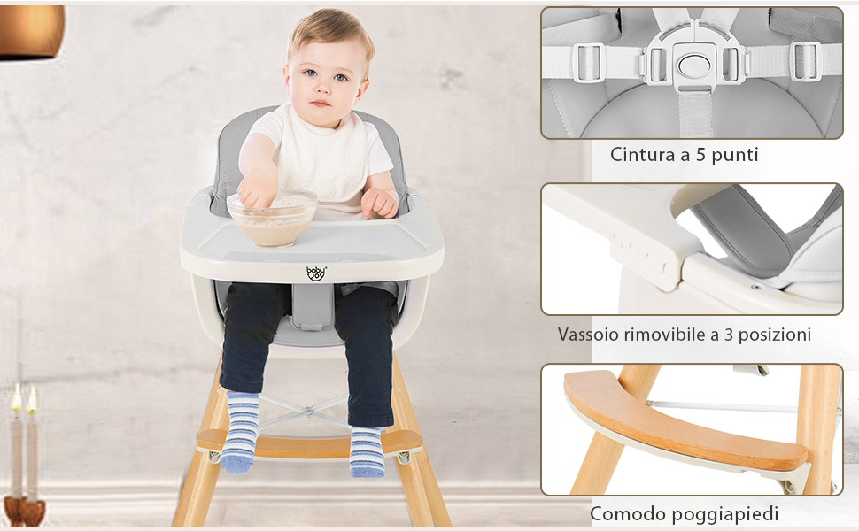 Seggiolone pappa per neonati e bambini con vassoio rimovibile, imbracatura  a 5 punti gambe regolabili in altezza, sedia da pranzo dai 6 mesi fino a 15