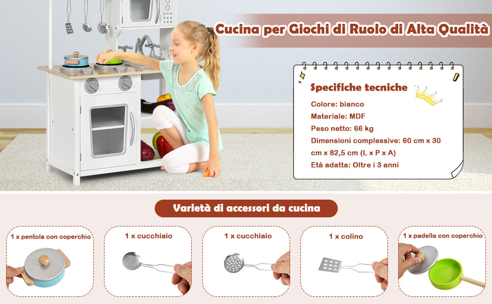 Cucina giocattolo di legno per bambini con lavello e fornello, Set
