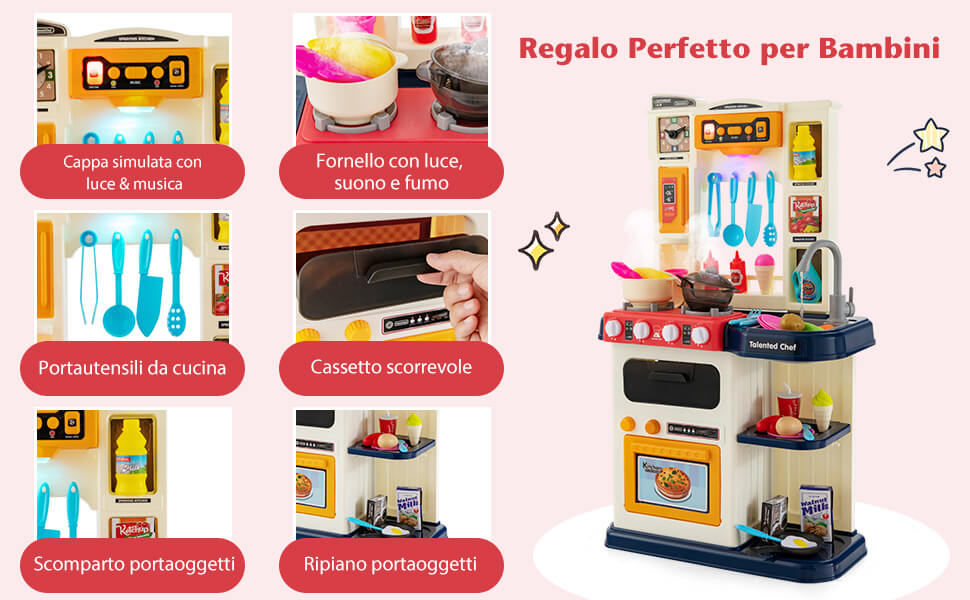 Cucina giocattolo con cappa e lavatrice accessori adorabili suoni e luci  reali, Set cucina in legno bambini Rosa - Costway