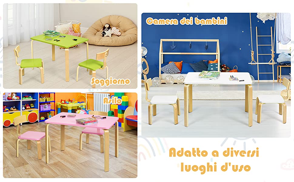 Tavolo e Sedie per Bambini Gioco Tavolino con 2 Sgabelli Set Mobili per  Soggiorno in Legno
