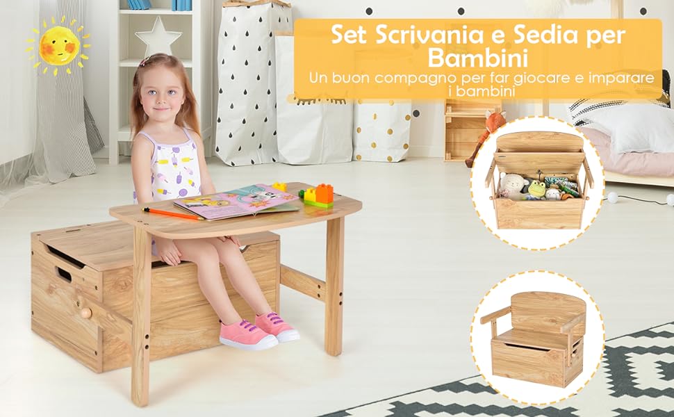 Set 3 in 1 tavolo e sedia per bambini con scatola per giocattoli, Set tavolo  attività di legno Naturale - Costway
