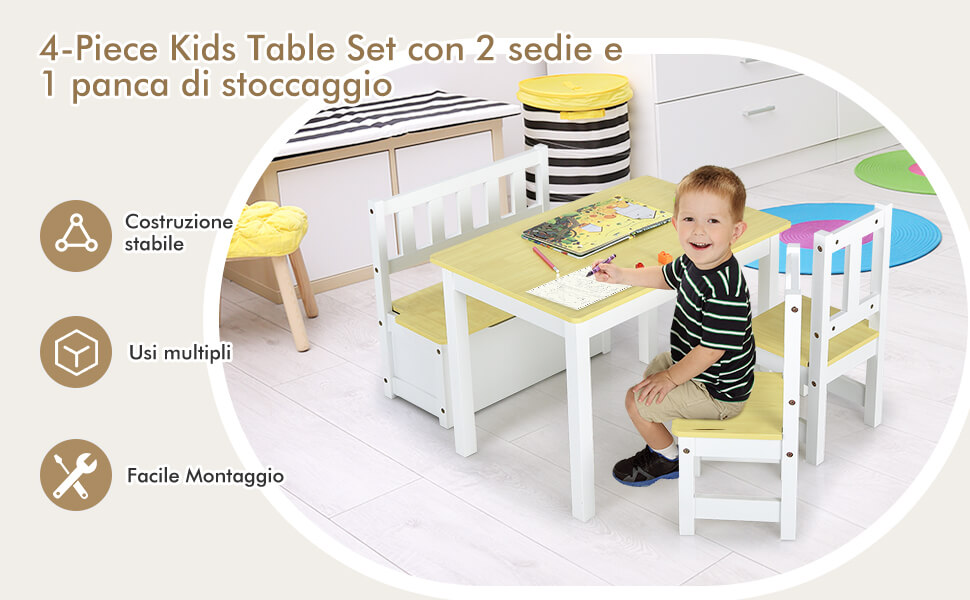 Set tavolo con 2 sedie per bambini in legno Set di 3 pezzi mobili per bimbi  62x62x48cm Naturale - Costway