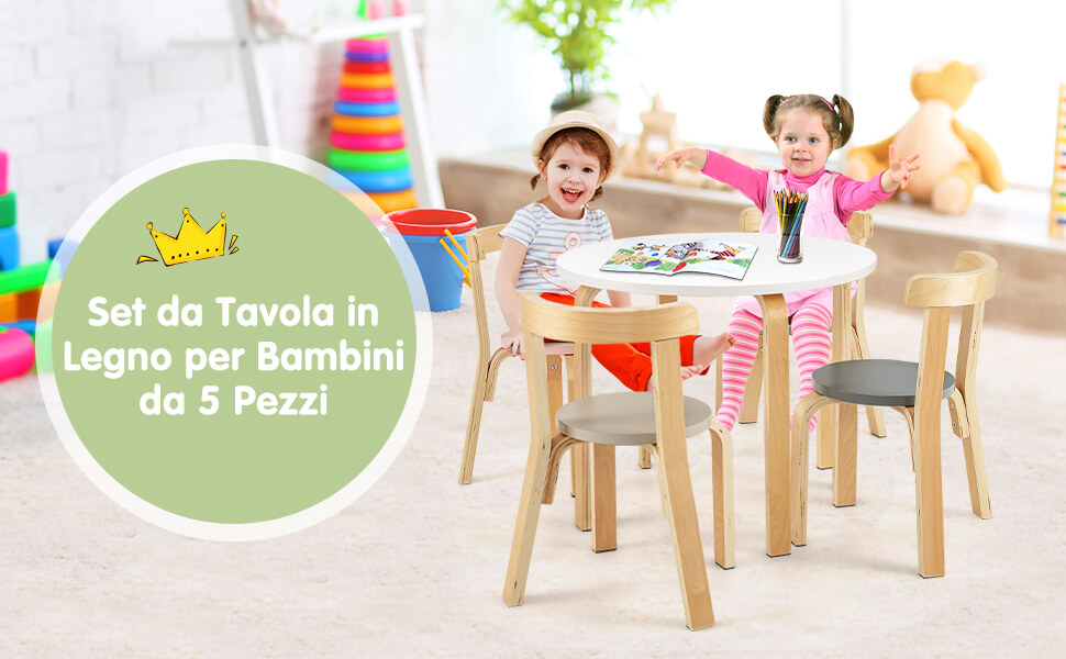 Set tavolo e sedie per bambini da 5 pezzi con schienale curvo in legno,  Tavolo attività con 4 sedie Colorato