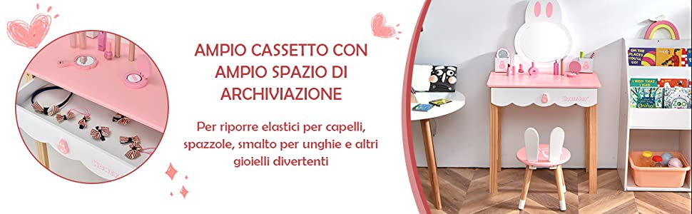 COSTWAY Toeletta per Bambini - Sedia, Specchio, Cassetti e Scatole