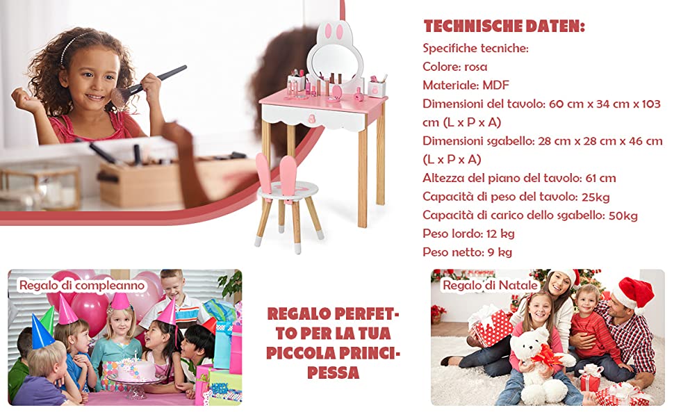 COSTWAY Set Toeletta Trucco con Sedia per Bambini, Set Toeletta con 3  Specchio e Cassetto Grande, 95x70x34cm, Specchiera Bambina (Bianco)