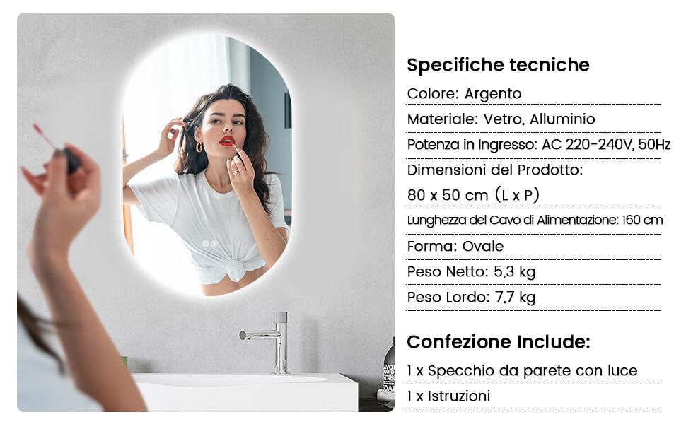 HOMCOM Specchio da bagno LED Bluetooth, con interruttore touch, luce