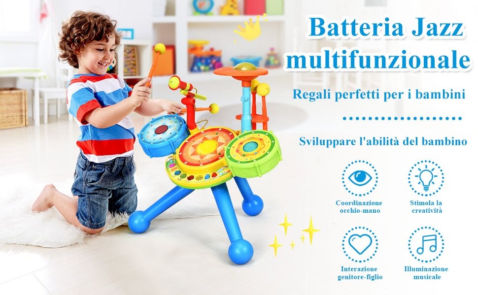 Batteria Musicale Giocattolo per Bambini con Microfono e Tastiera Rossa