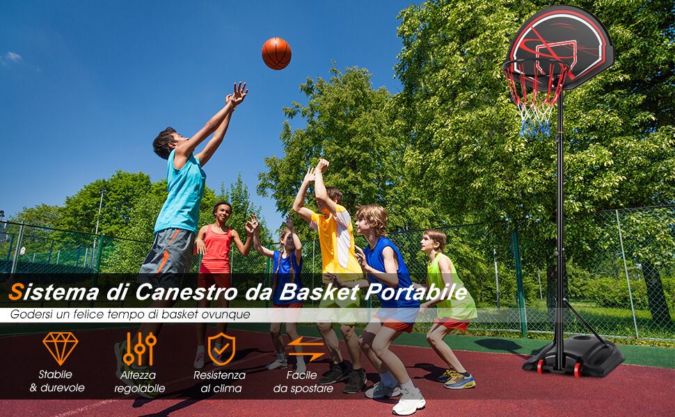 Canestro da basket con ruote altezza regolabile Canestro portatile con  supporto da esterno 1,79-2,08m - Costway