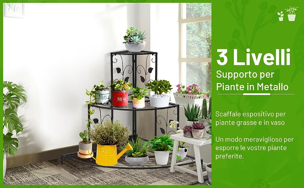 Supporto per piante ad angolo in metallo a 3 livelli, Portavasi a scala per  uso interno ed esterno Nero - Costway