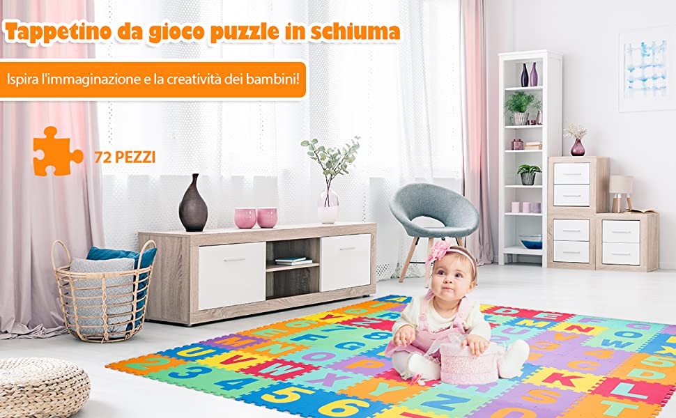 Tappetino puzzle in EVA con 72 pezzi per bambini e neonati, Tappetino in  schiuma con alfabeto e numeri staccabili - Costway