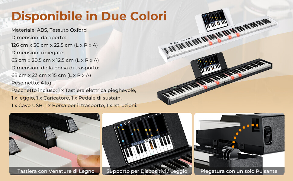 Tastiera pieghevole (pianoforte) pieghevole portatile 130 cm + 88 tasti +  BT + Li-ion + altoparlanti stereo