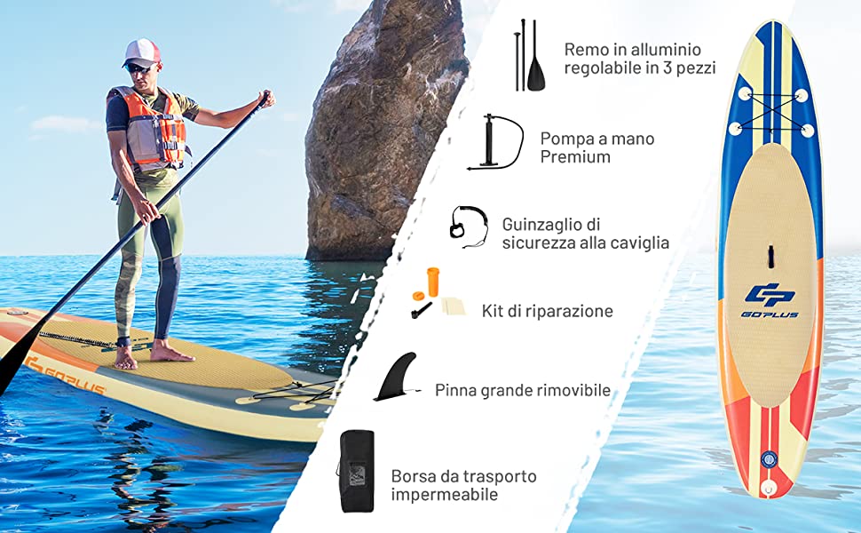 NEMAXX® Tavola SUP 320×78×15 cm – fino a 140 kg – Set tavola da paddle gonfiabile con borsa, pagaia, pinna, pompa e kit di riparazione – PB320 II